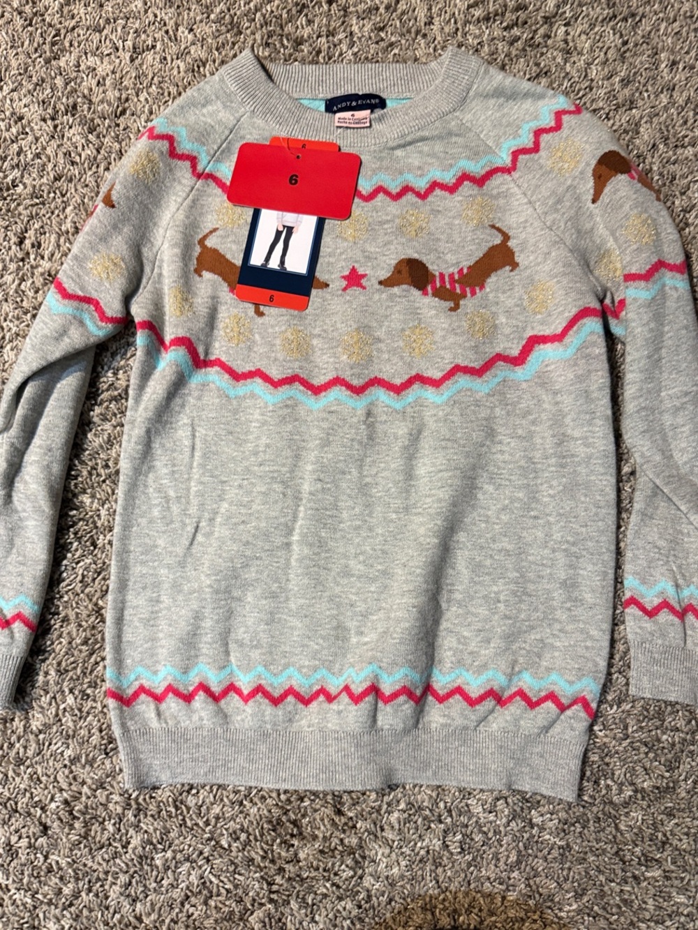 Andy & Evan Light Gray Crewneck Sweater with Dachshund Motif